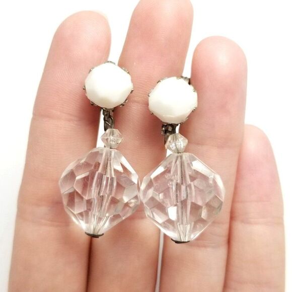 Vintage Retro Clear Beaded Dangle Clip On Earrings, Western Germany, Estate - Picture 1 of 6